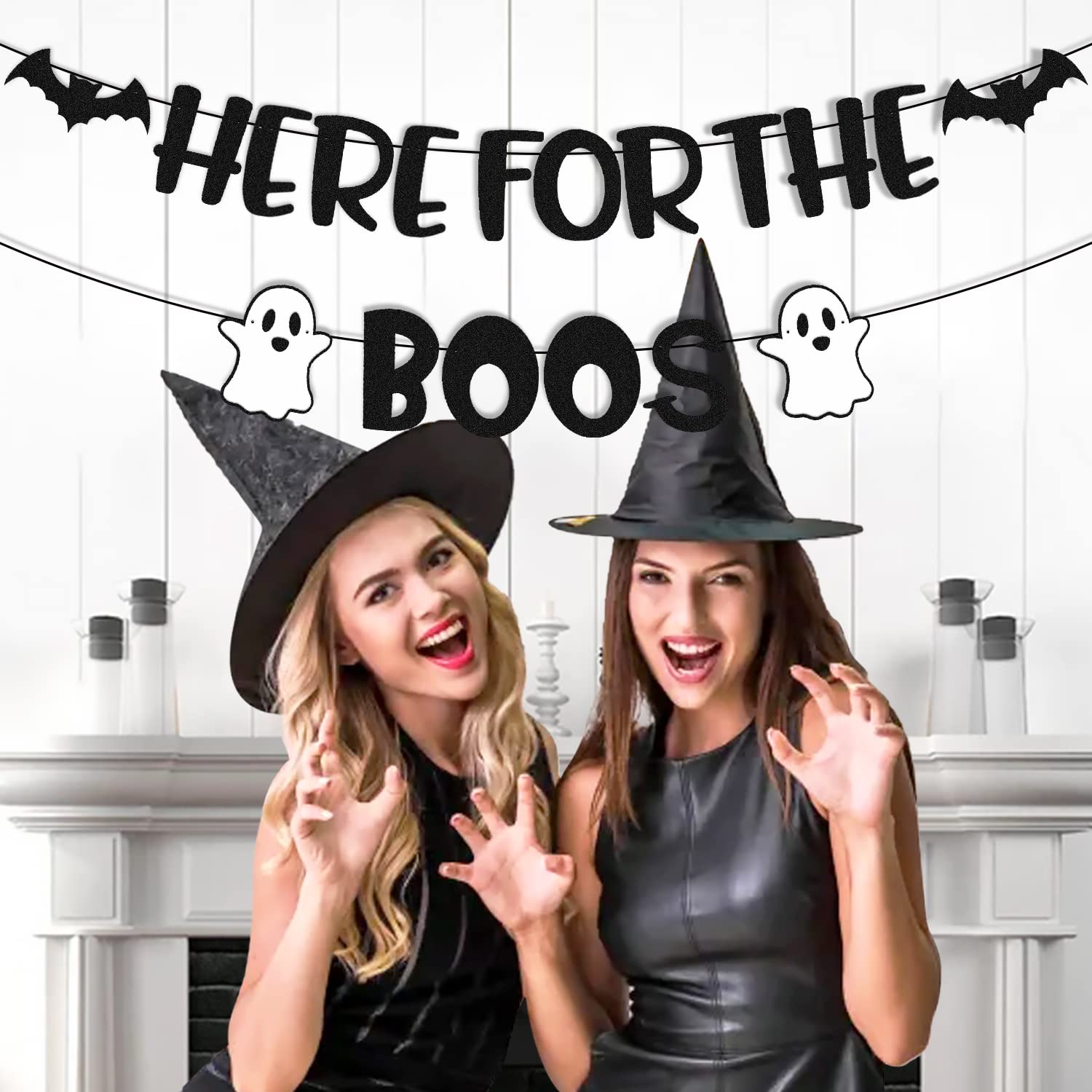 Here for The Boos Banner Halloween Ghost Bat Haunted House Pumpkin Horror Happy Boo Day Themed for Boy Girl Kids Halloween Festival Holiday Party Decoration Black Glitter Supplies