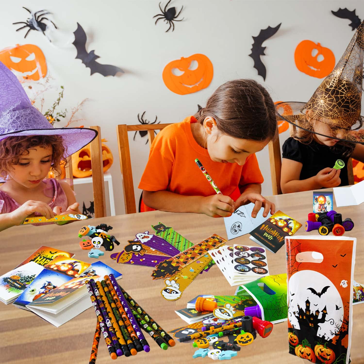 Keenvark 168 PCS Halloween Party Favors,24 Pack Stationery Supplies Set, Halloween Treats for Kids, Halloween Goodie Bag Fillers including Pencils,Erasers,Rulers,Stickers,Stamps,Notepads and Gift Bags