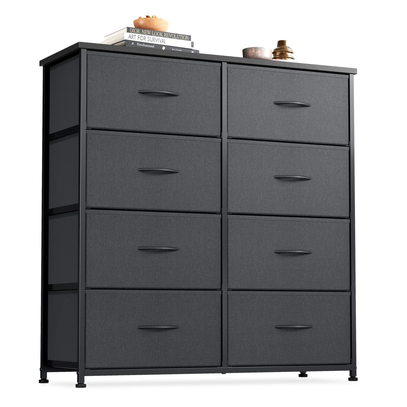 CubiCubi Dresser for Bedroom, Tall Fabric Dresser for Closet, 8 Drawer Small Storage Organizer, Wide Dresser for Bedroom, Hallway, Sturdy Steel Frame Wood Top, Black Grey