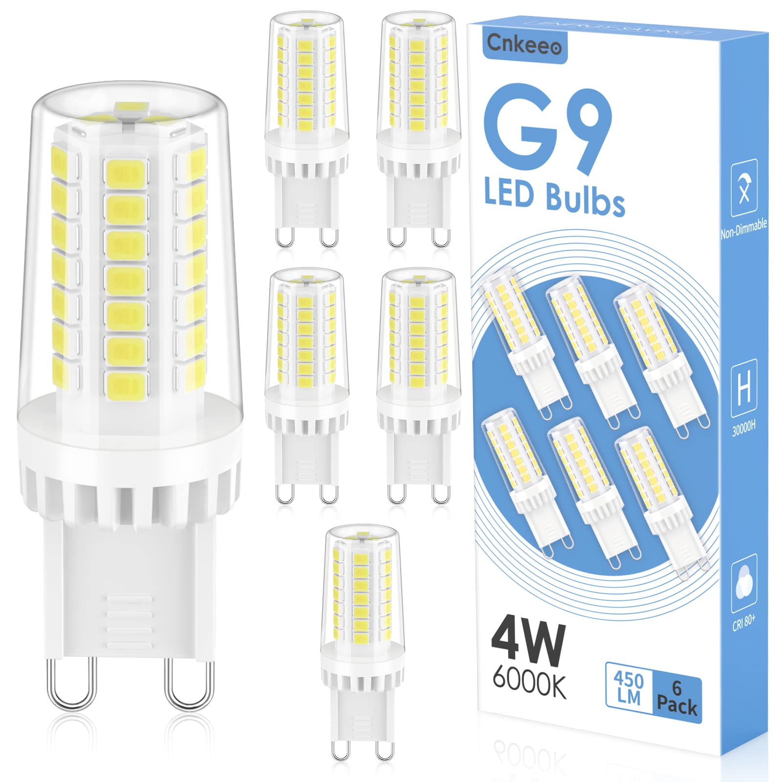 Cnkeeo G9 LED Bulb, 4W Daylight White 6000K, 450LM, 40W Halogen Equivalent, No Flicker, Non-Dimmable, 360°Beam Angle, Bi-pin Ceramic Base G9 Light Bulbs for Chandeliers Home Lighting, Pack of 6