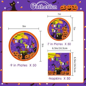 Halloween Party Supplies Kit Serve 50，Halloween Witch Pumpkin Design Includes Disposable Dinner Plates, Dessert Plates and Napkins, Halloween Birthday Party Decorations