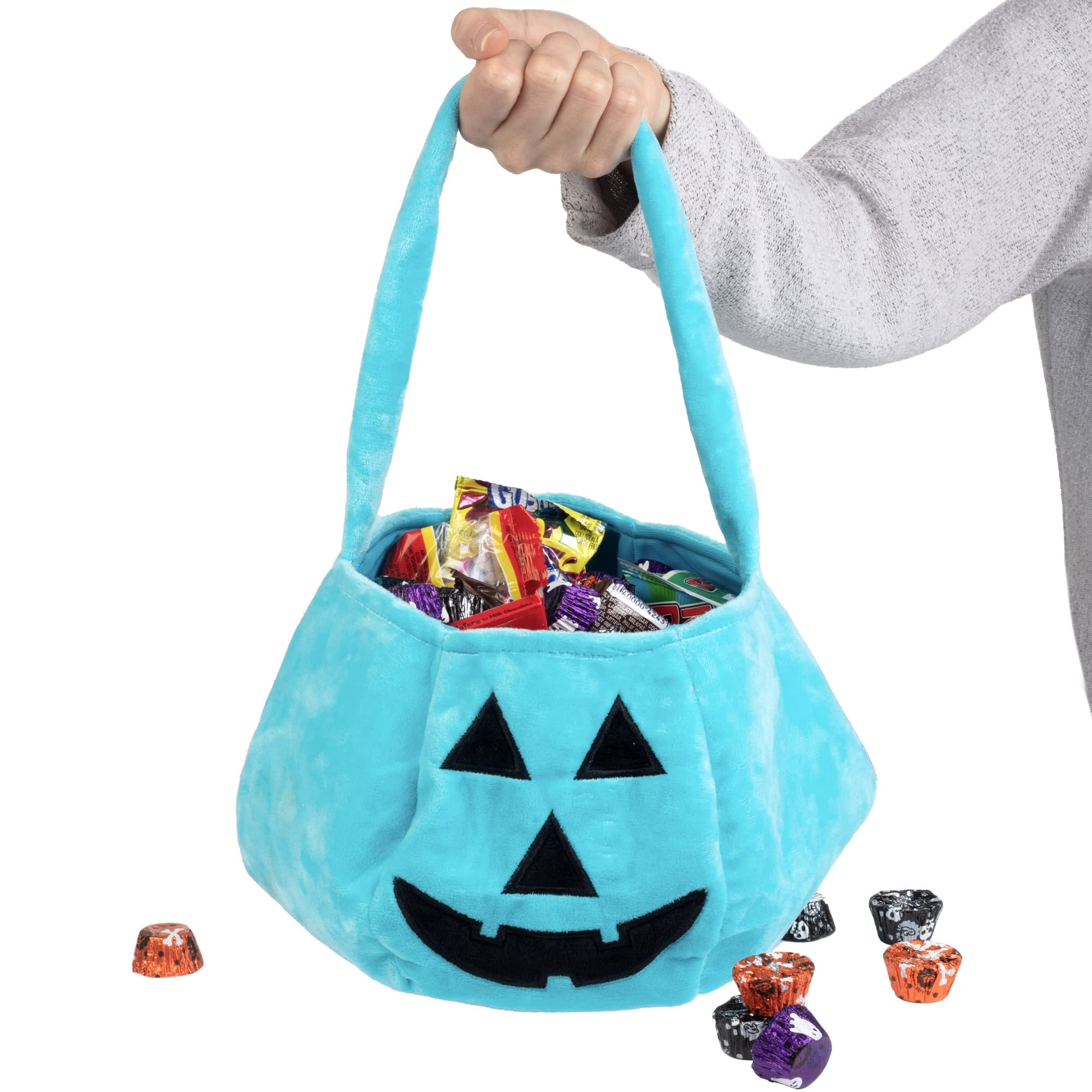 SCS Direct Halloween Teal Pumpkin Fabric Trick or Treat Tote- Soft Canvas Candy Bag 8" x 8" Kids Light Blue Allergy Friendly Awareness