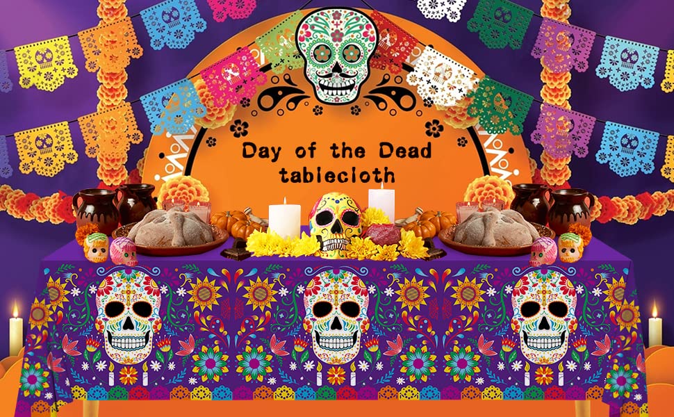 Day of The Dead Party Disposable Tablecloth Plastic Sugar Skull Table Cover for Dia De Los Muertos Party Decoration 54 X 108 inch 3 Pack for Day of The Dead Party