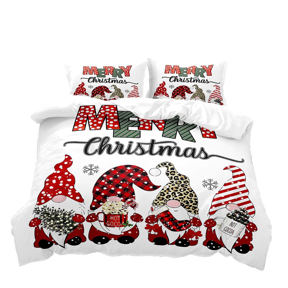 VIVIHOME 3PCS Merry Christmas Duvet Cover Full, Cute Gnome Duvet Cover, White Bedding, Snowflake Red Buffalo Plaid Striped Leopard Print Holiday Xmas Comforter Bedspread Quilt Cover, 2 Pillow Shams