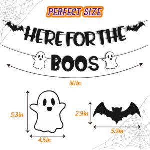 Here for The Boos Banner Halloween Ghost Bat Haunted House Pumpkin Horror Happy Boo Day Themed for Boy Girl Kids Halloween Festival Holiday Party Decoration Black Glitter Supplies