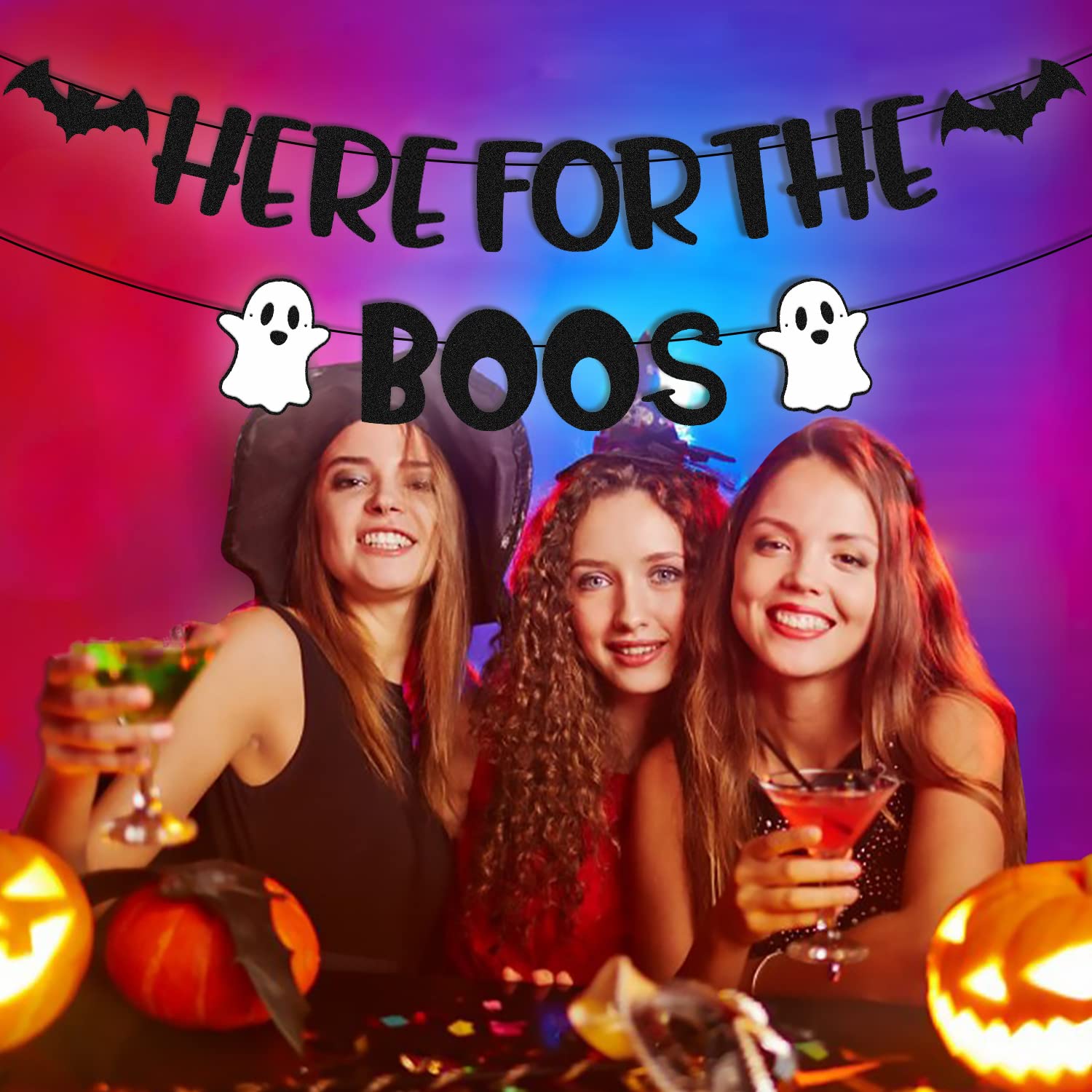 Here for The Boos Banner Halloween Ghost Bat Haunted House Pumpkin Horror Happy Boo Day Themed for Boy Girl Kids Halloween Festival Holiday Party Decoration Black Glitter Supplies