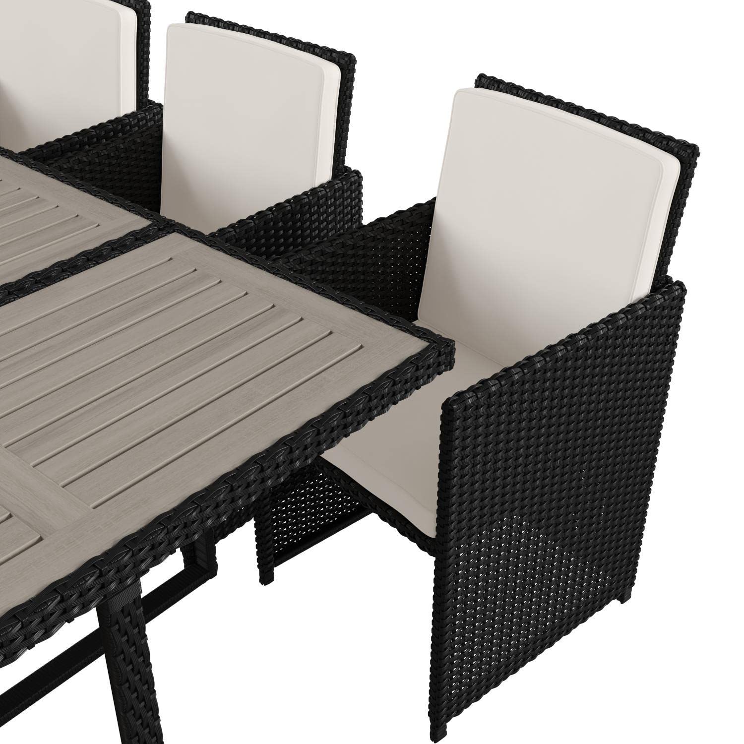 Flash Furniture Peregrine 7 Piece Outdoor Patio Dining Set - Space Saving Black Wicker Modular Chairs & Cream Cushions-Gray Finish Acacia Wood Table-Seating for 6