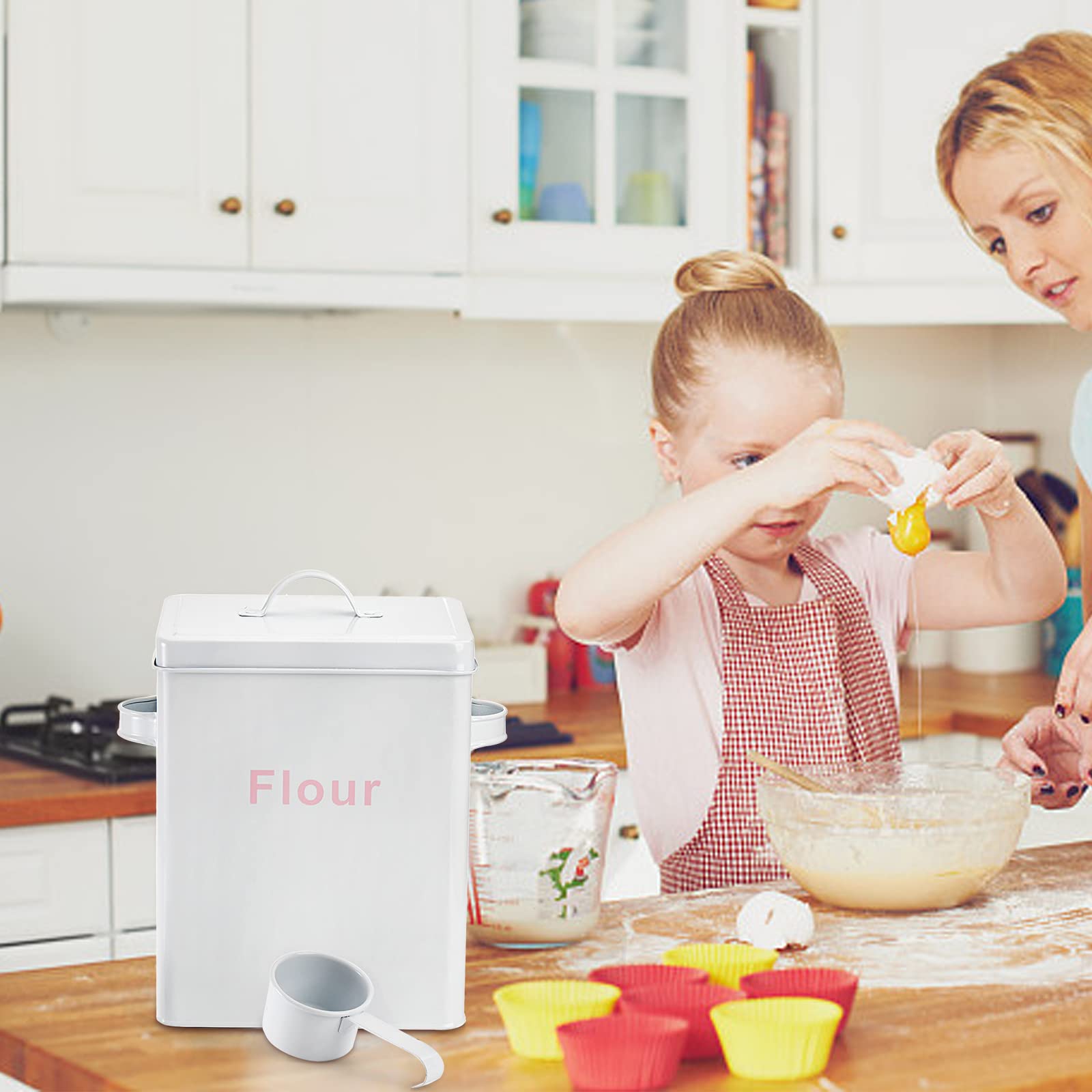 Youeon 1.5 Gallon Metal Flour Storage Container with Airtight Lid and Measuring Scoop, Square Flour Canister with Handle, White Flour Canister for Kitchen Counter, Farmhouse Decor