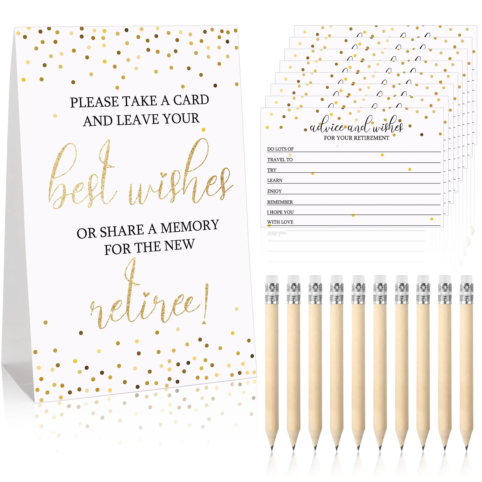 Fumete 50 Pieces Gold Retirement Party Advice and Wishes Cards with 10 Small Pencils and 1 Cardstock Place Card Retired Ideas Supplies and Decoration for Retirement Party Activities