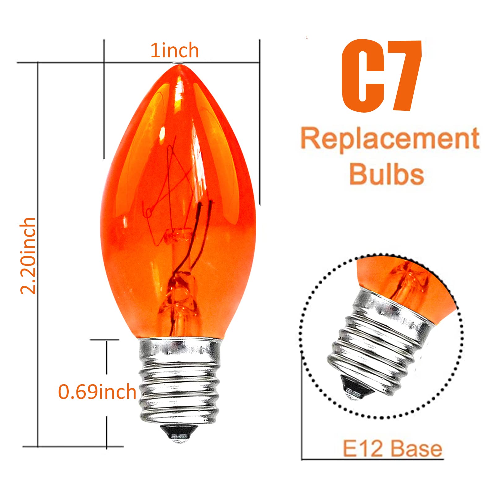 CHYParty 25 Pack C7 Replacement Bulbs, 5W Orange Light Bulbs, Halloween Christmas Light Bulbs for Outdoor String Lights Patio Wedding Decor, E12 Candelabra Base, Incandescent Night Lights