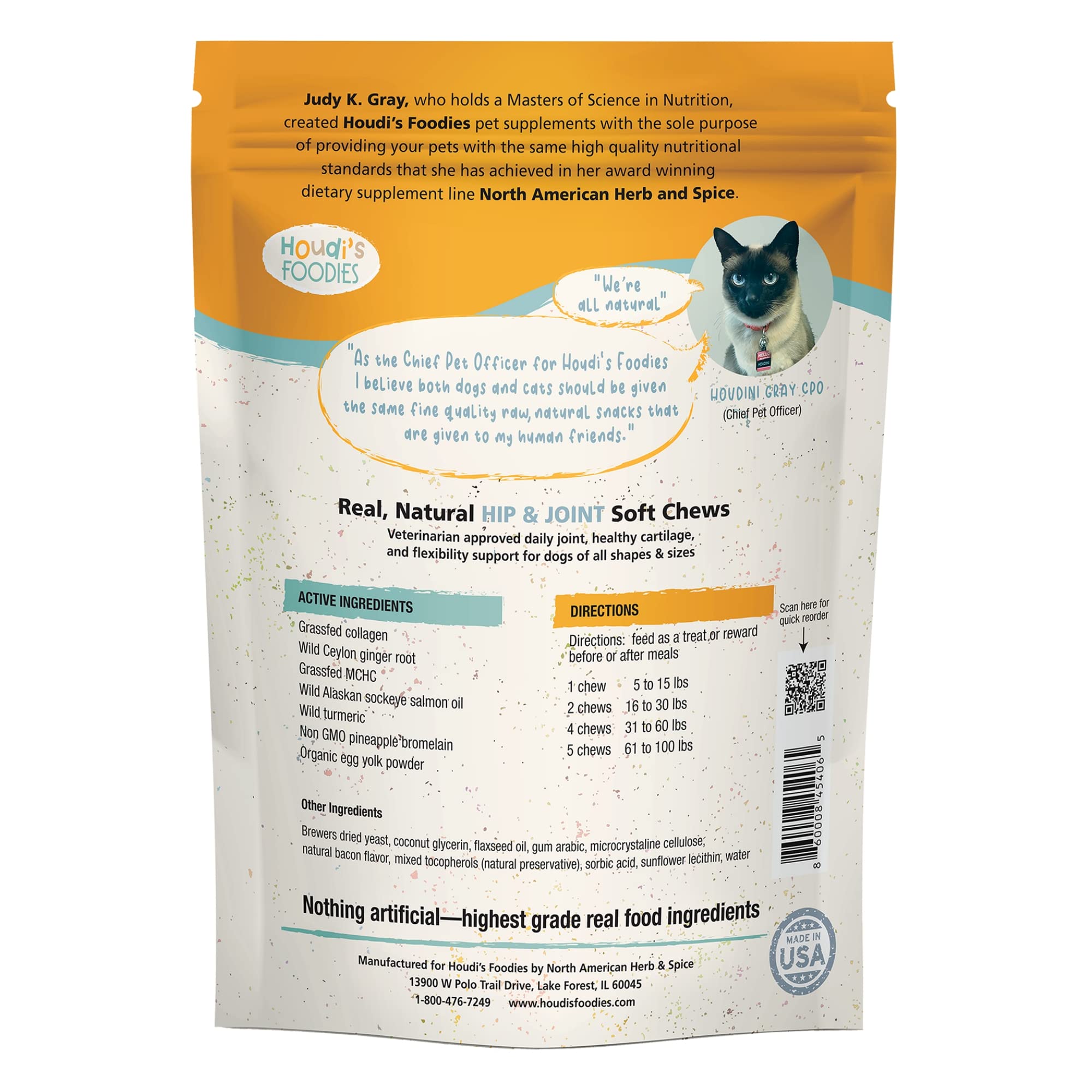 Houdi's Foodies Hip & Joint by North American Herb & Spice - Easy-to-Chew, Veterinarian-Approved SmartSupps for Dogs - Grain Free, Gluten Free & Non-GMO