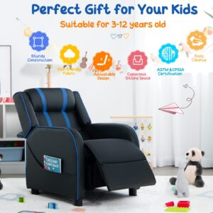 Costzon Kids Recliner, Gaming Recliner Chair w/Side Pockets, Footrest, Headrest & Lumbar Support for Kids Room & Play Room, Adjustable Racing Style Leather Sofa for Children Boys Girls (Blue, Black)