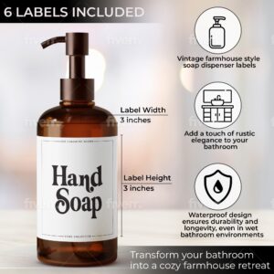 Chaumiere Vintage Farmhouse Hand Soap Labels for Bottles, Waterproof Stickers, 6X Hand soap Labels for Amber Glass & Plastic Bottles - Hand soap Pack (3 Designs) 6 Pieces 3x3inch