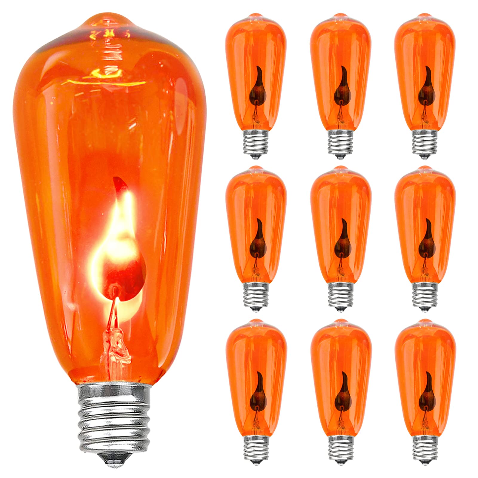 Christmas Orange Flicker Flame Light Bulbs, ST40 Orange Replacement Bulbs with Realistic Orange Red Flame Edison Bulbs for Christmas Outdoor Indoor String Lights, 1 Watt E17 Intermediate Base, 10 Pack