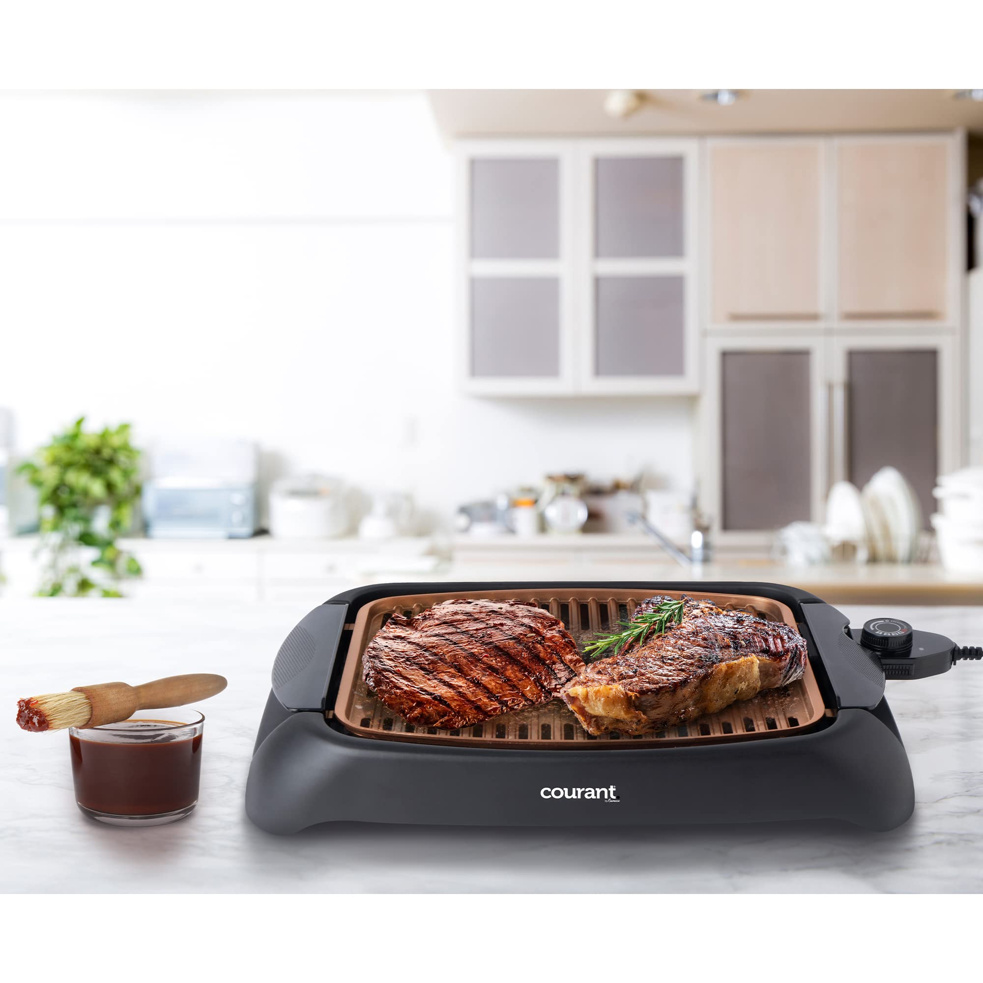 courant smokeless indoor grill, Copper Non-stick Coating Extra Large and Adjustable Temperature Control, Grill BBQ, Table Top Indoor Grill