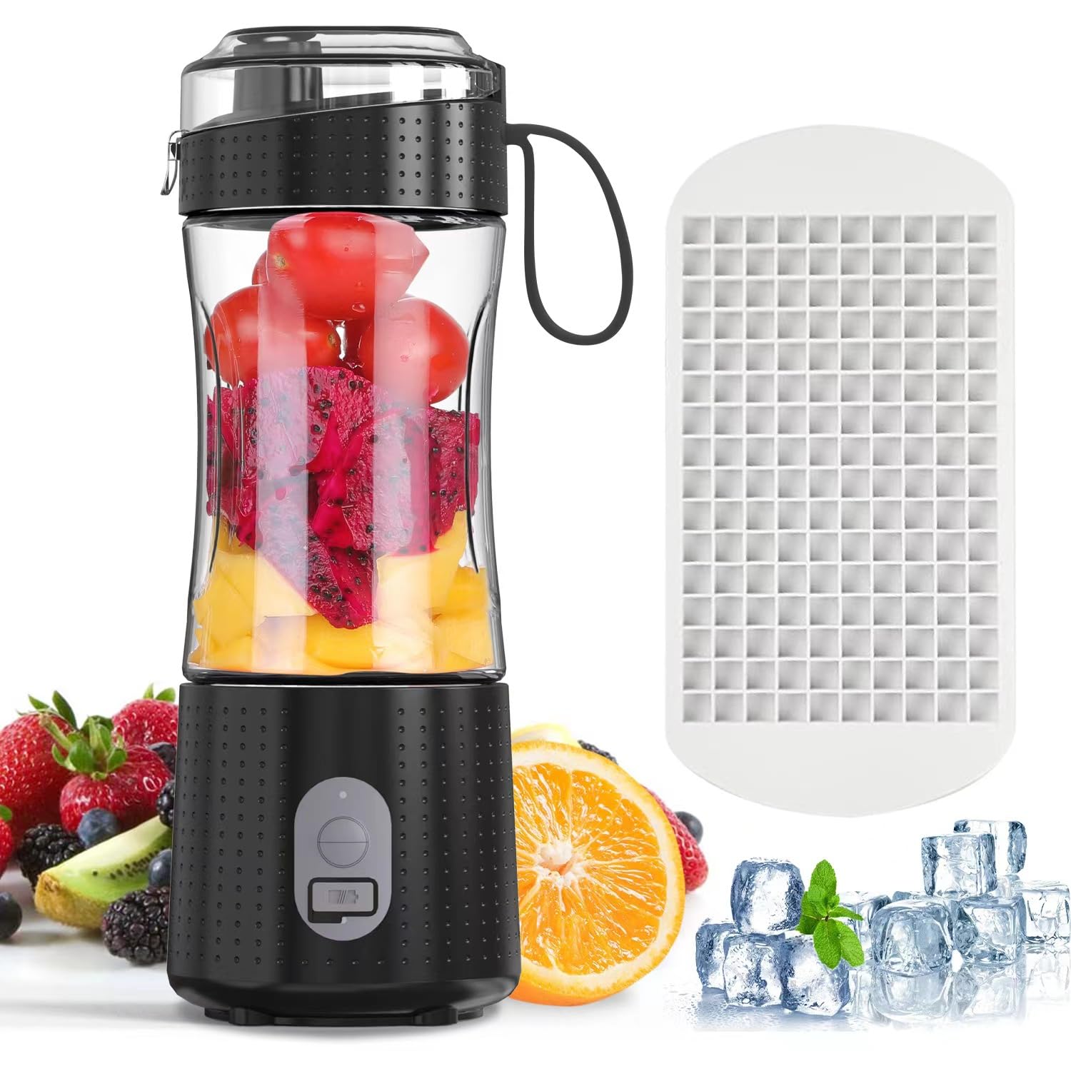 Personal Blender, Smoothie Blender Portable Small Mini Blender Bottles shaker for Shakes, Smoothies and Protein mixes, Cordless, Rechargeable for kitchen Sports Travel with Ice Tray (Black pro)