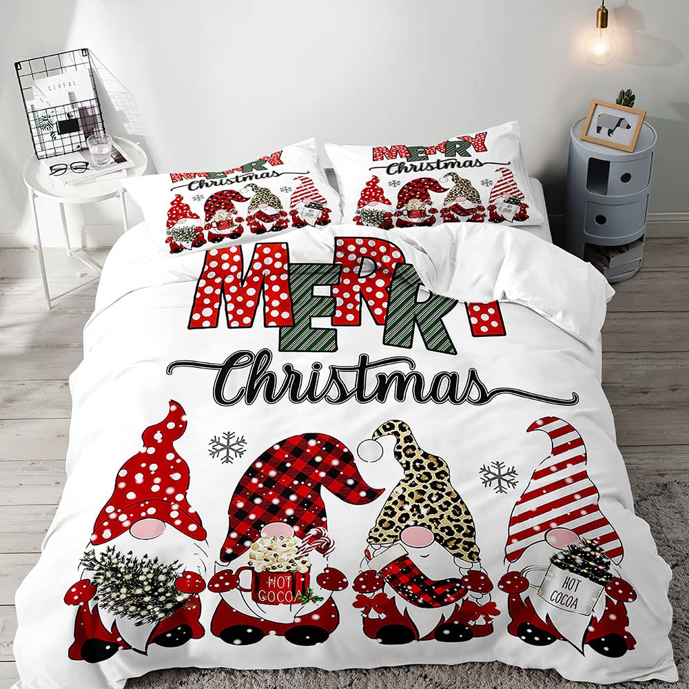 VIVIHOME 3PCS Merry Christmas Duvet Cover Full, Cute Gnome Duvet Cover, White Bedding, Snowflake Red Buffalo Plaid Striped Leopard Print Holiday Xmas Comforter Bedspread Quilt Cover, 2 Pillow Shams