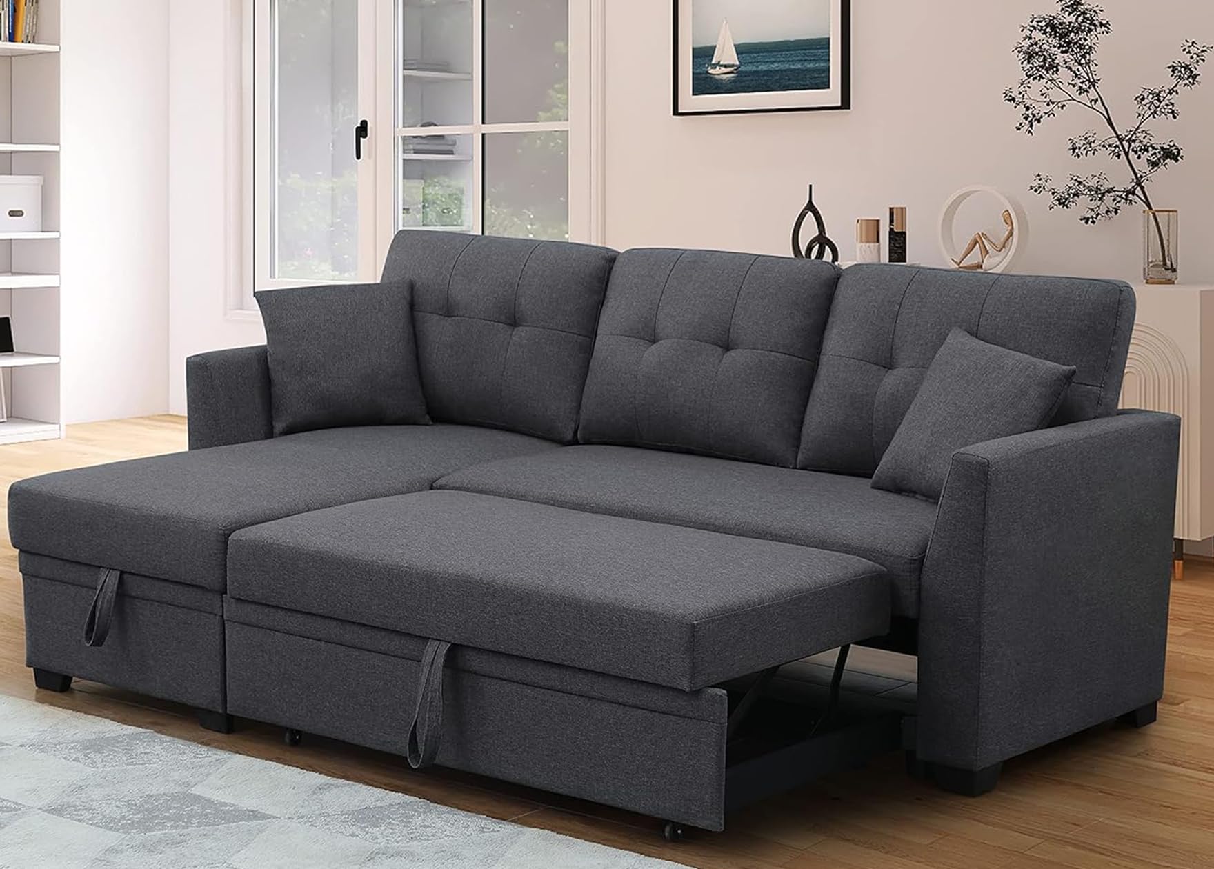 Sleeper Sofa with Pull Out Couch, Sleeper Couch with Storage Chaise, Small Sectional Sofa Lounge Couch 3 Seater Reversible Sofa Couch for Living Room, Bedroom,Apartment