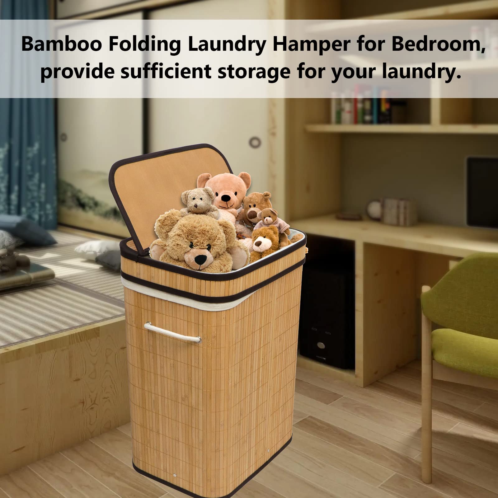 GERAMEXI Bamboo Laundry Basket with Removeable Lid 72L Clothes Hamper with Handle, Foldable Freestanding Clothes Hamper Basket Bedroom, Bathroom,