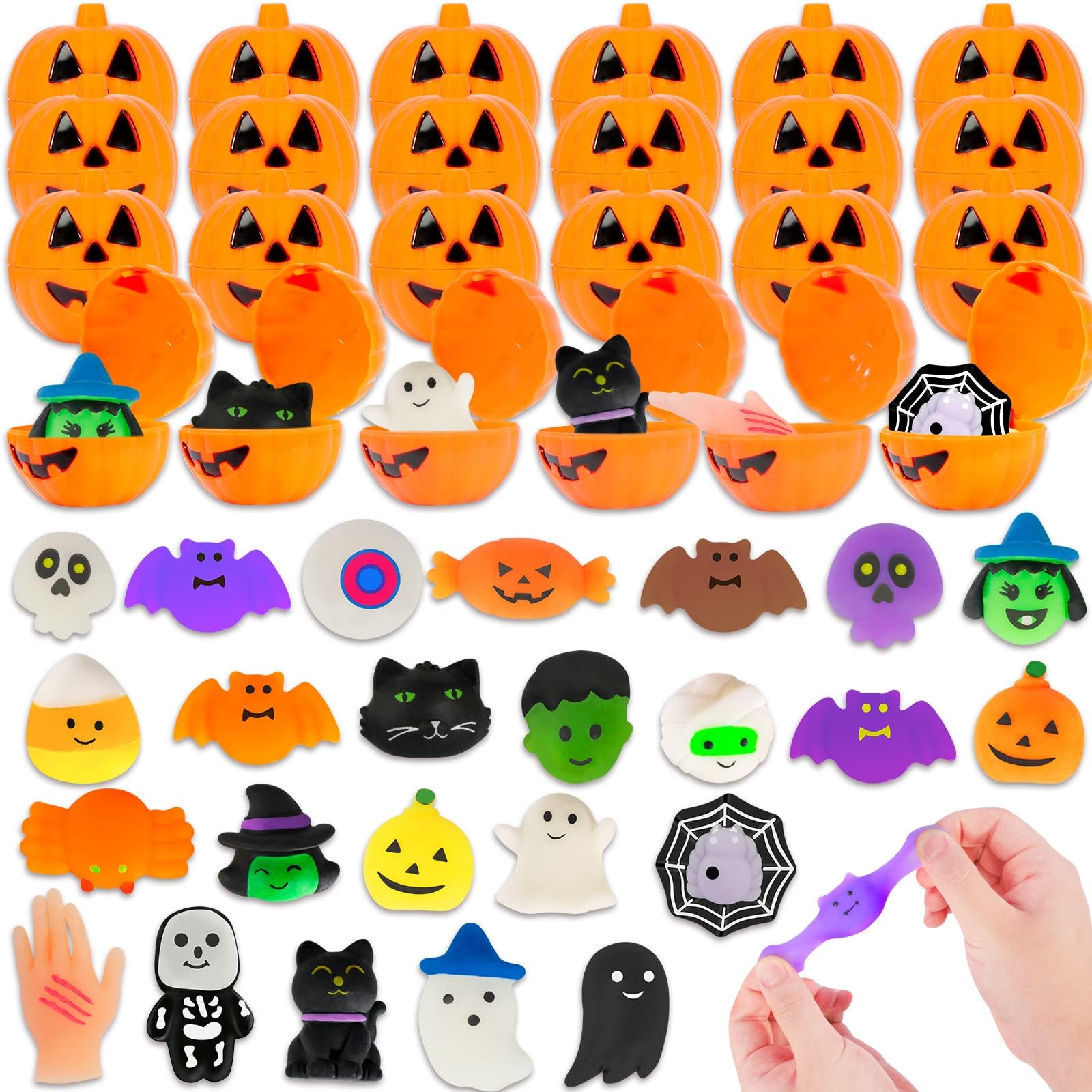 48 Pcs Halloween Mochi Toys Bulk with 24pcs Pumpkin Boxes/Jars for Halloween Party Favors, Classroom Carnival Game Prizes, Treat Bags Gifts, Stress Reliever Anxiety Toys