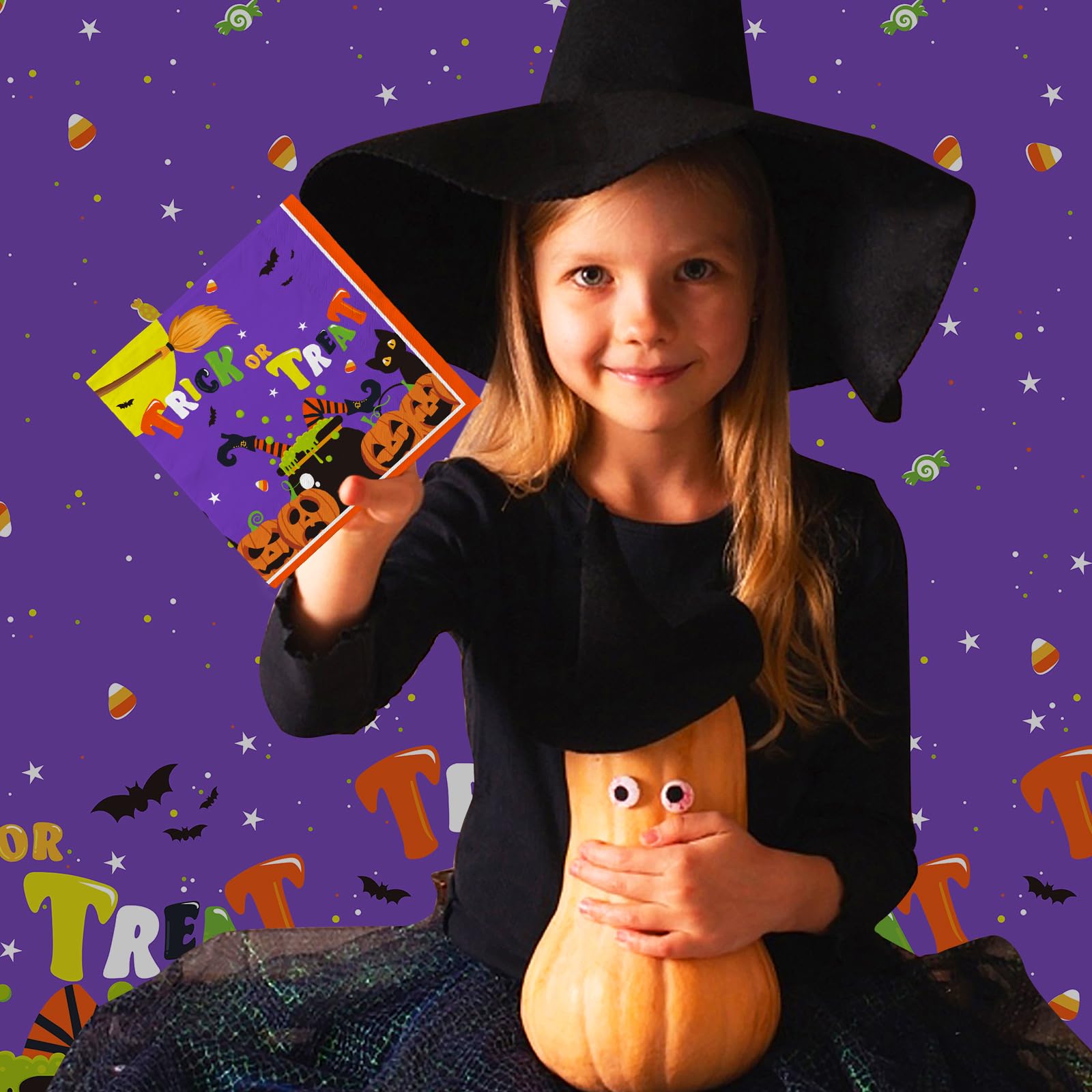 Halloween Party Supplies Kit Serve 50，Halloween Witch Pumpkin Design Includes Disposable Dinner Plates, Dessert Plates and Napkins, Halloween Birthday Party Decorations