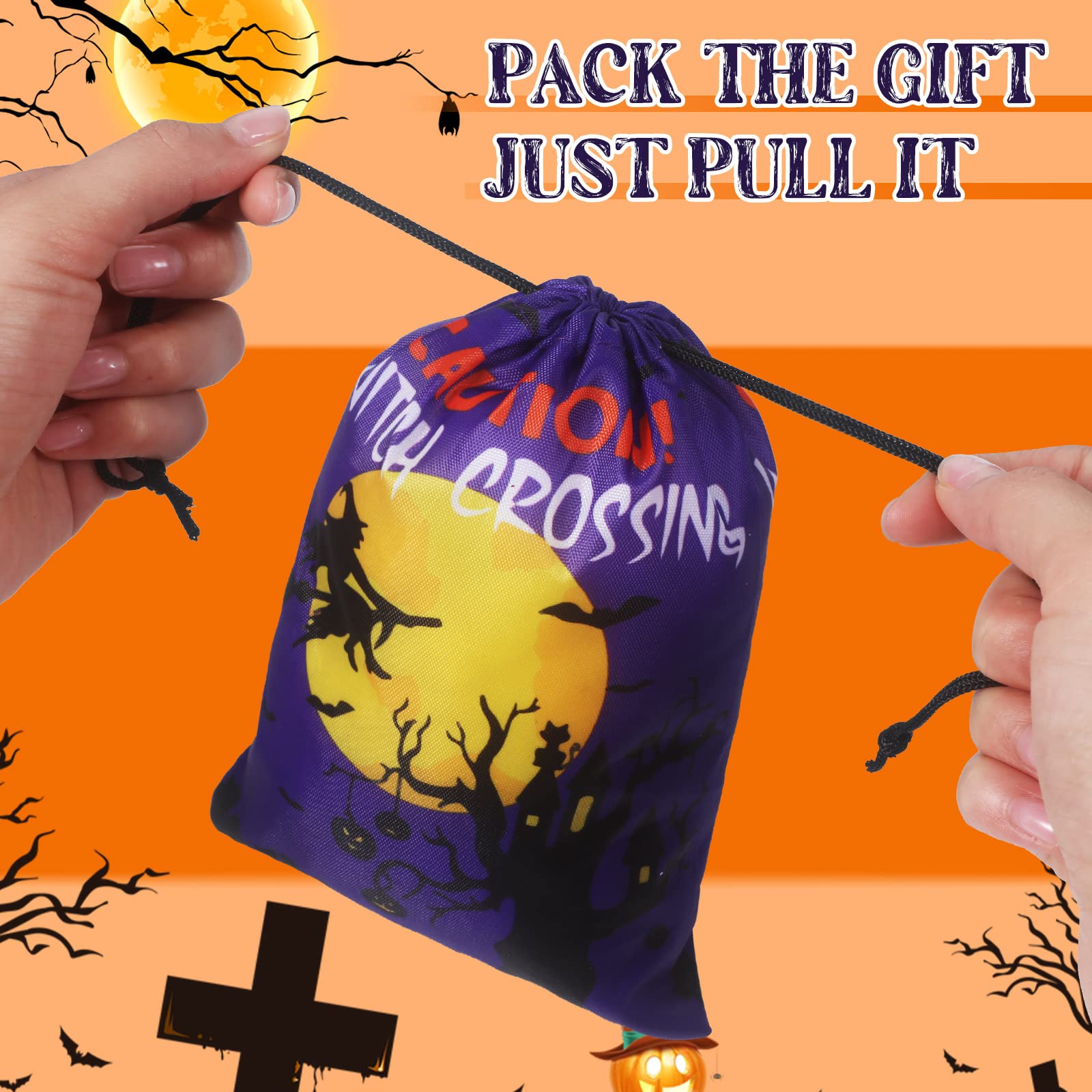 Leifide 24 Pcs Halloween Drawstring Candy Bags 7 x 5 Inch Snack Bags Small Trick or Treat Candy Goody Bags Halloween Pumpkin Candy Snack Bags for Halloween Party Supplies