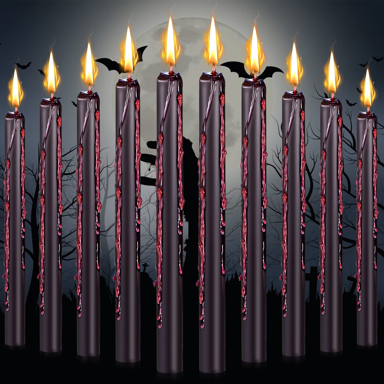 10 Pieces Halloween Drip Candles Black Candles Halloween Candles Vampire Goth Bedroom Decor Gothic Cool Candles Bleeding Candles Taper Candles Drip for Rituals Halloween Decor, 9.9 Inches