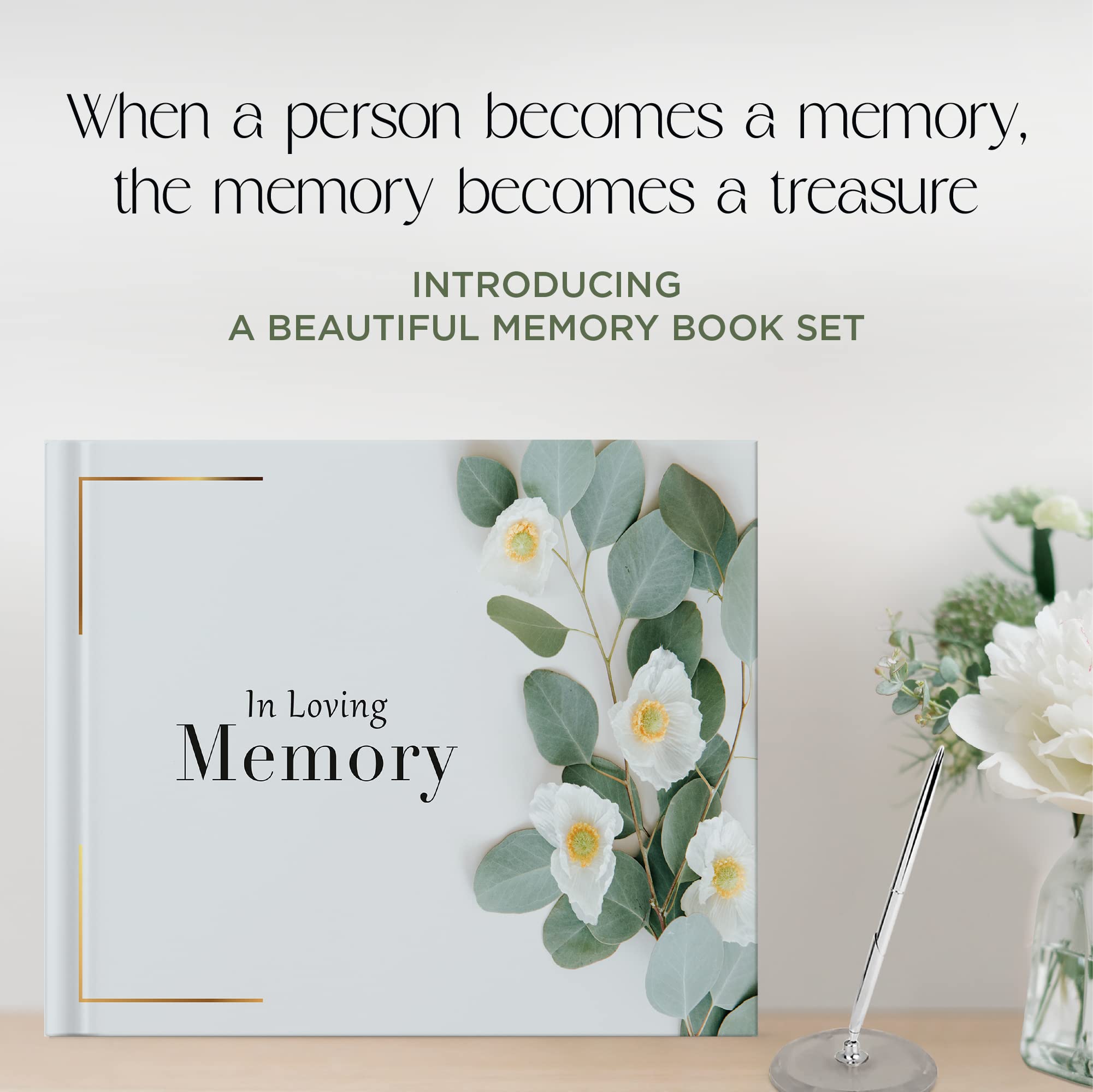 7 pcs Guest Book Set, Funeral Guest Book, Includes: Guestbook, 50 Memory Cards, Ball Pen+Pen Stand, Table Sign, Card Box, Mailer Box, Celebration of Life Guest Book, Registry Book, Memory Book