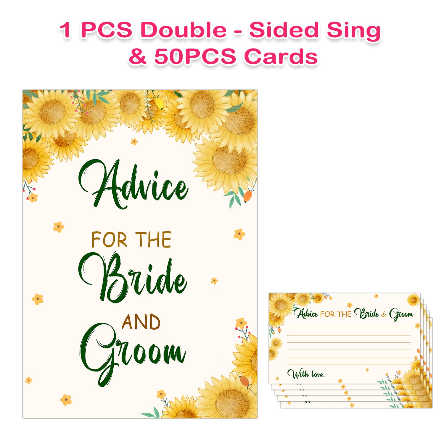 Advice To The Bride and Groom, Sunflower Themed Cards - Bridal Shower Games For Guests,Wedding Advice Cards For Bride and Groom, Wedding Games, Wedding Guest Book Alternative, (1 Sign & 50 Cards)