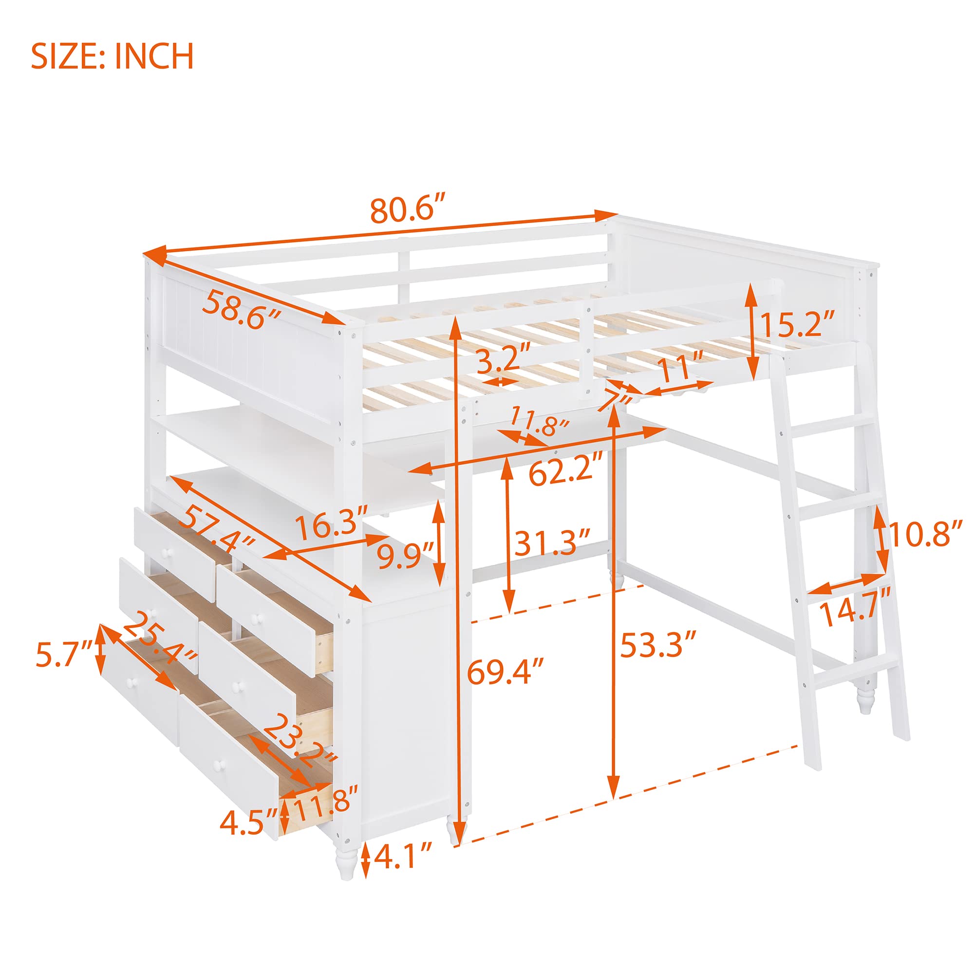 Full Size Loft Bed with Desk and Storage Drawers, Wood Full Loft Bed with Safety Guardrails, Ladder, Headboard and Footboard, High Loft Bed for Kids, Teens, Adults Boys & Girls(Full, White)