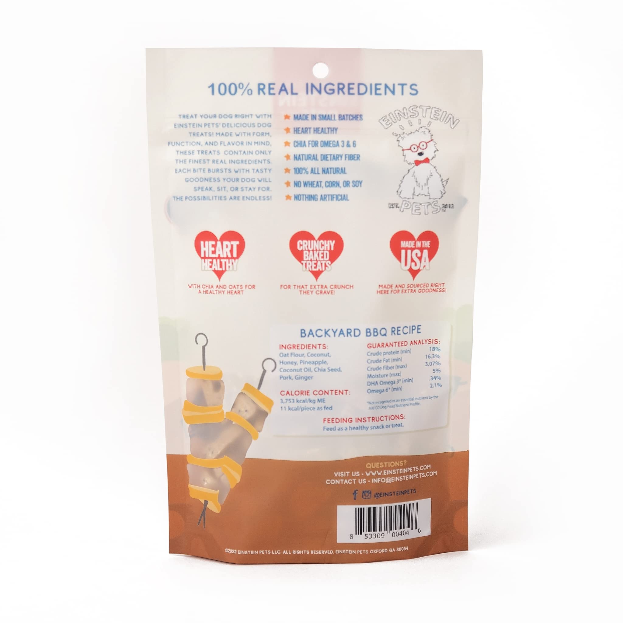 Einstein Pets Everydays Backyard BBQ Crunchy Heart Shaped Treats, All Natural Protein Packed Organic Dog and Puppy Baked Biscuit Training Treat, Pork, Pineapple Honey Recipe with CHIA 6, Ounce Bag