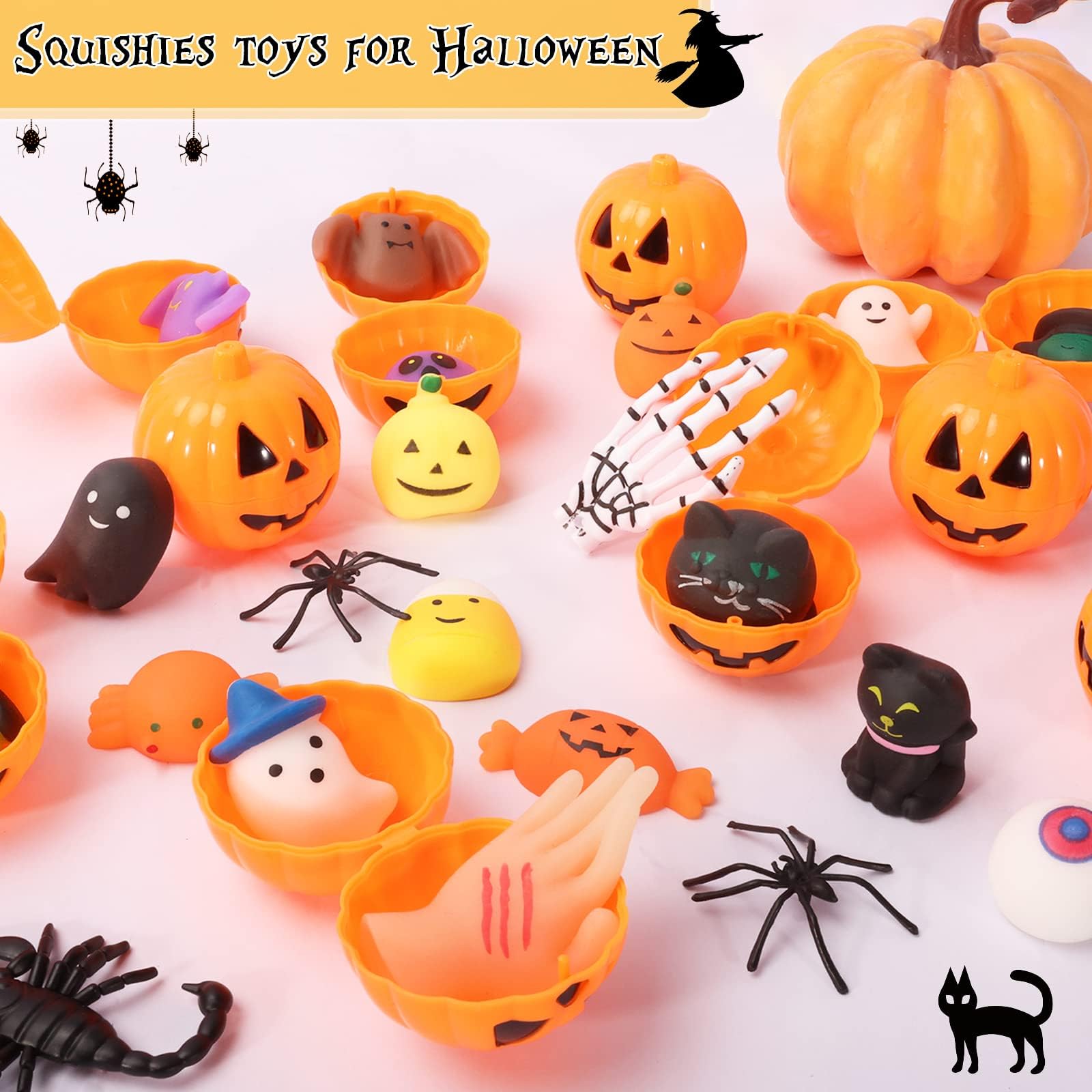 48 Pcs Halloween Mochi Toys Bulk with 24pcs Pumpkin Boxes/Jars for Halloween Party Favors, Classroom Carnival Game Prizes, Treat Bags Gifts, Stress Reliever Anxiety Toys