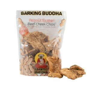 Barking Buddha Beef Cheek Chips | Extra Thick 2"-4" All Natural Rawhide Alternative No Hide Premium Dog Chew Strips | Peanut Butter | (Pack of 3-1LB Bags)