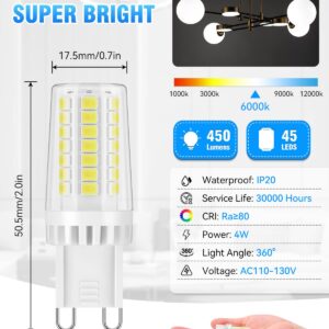 Cnkeeo G9 LED Bulb, 4W Daylight White 6000K, 450LM, 40W Halogen Equivalent, No Flicker, Non-Dimmable, 360°Beam Angle, Bi-pin Ceramic Base G9 Light Bulbs for Chandeliers Home Lighting, Pack of 6