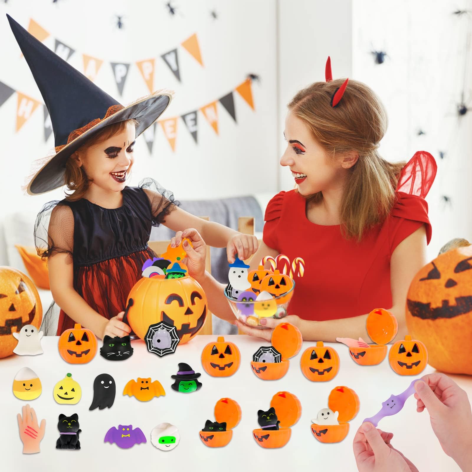 48 Pcs Halloween Mochi Toys Bulk with 24pcs Pumpkin Boxes/Jars for Halloween Party Favors, Classroom Carnival Game Prizes, Treat Bags Gifts, Stress Reliever Anxiety Toys