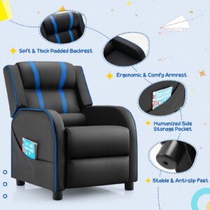 Costzon Kids Recliner, Gaming Recliner Chair w/Side Pockets, Footrest, Headrest & Lumbar Support for Kids Room & Play Room, Adjustable Racing Style Leather Sofa for Children Boys Girls (Blue, Black)