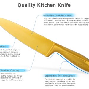 Golden Kitchen Knife Set 5 Piece WELLSTAR, Razor Sharp German Stainless Steel Blade and Ergonomic Handle with Gold Titanium Coated, Chef Carving Bread Utility Paring for Cutting and Peeling - Gift Box