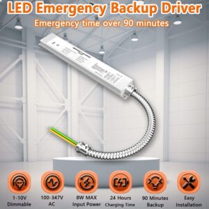 LED Emergency Backup Driver 20W, Emergency Time Over 90 Minutes Emergency LED Driver, 100V-347VAC Rechargeable UL Listed LED Emergency Backup Battery for Recessed Light, Panel Light (20W (1-Pack))