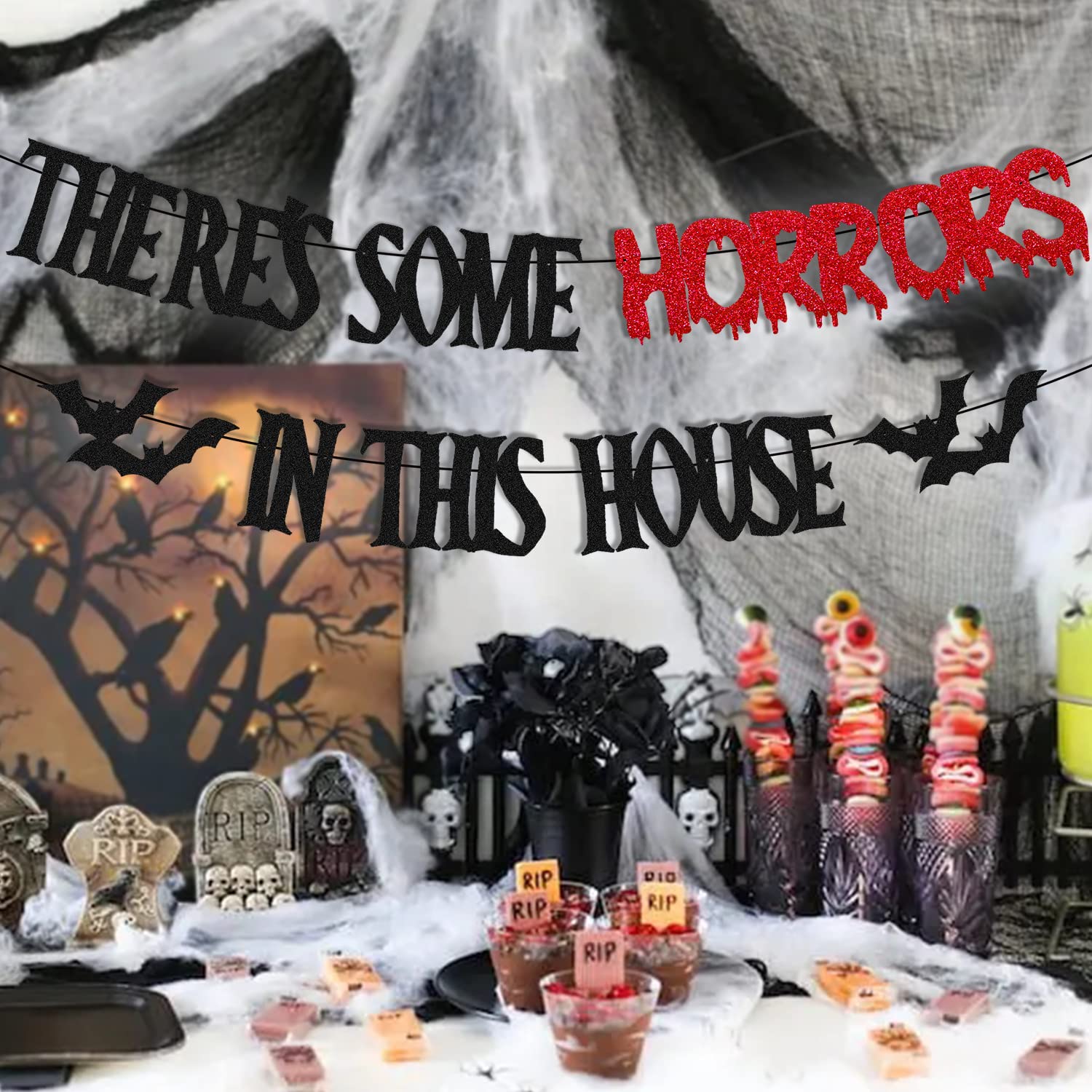 There’s Some Horrors in This House Banner Halloween Horrible Bat Scary Themed for Boy Girl Kids Halloween Festival Party Decorations