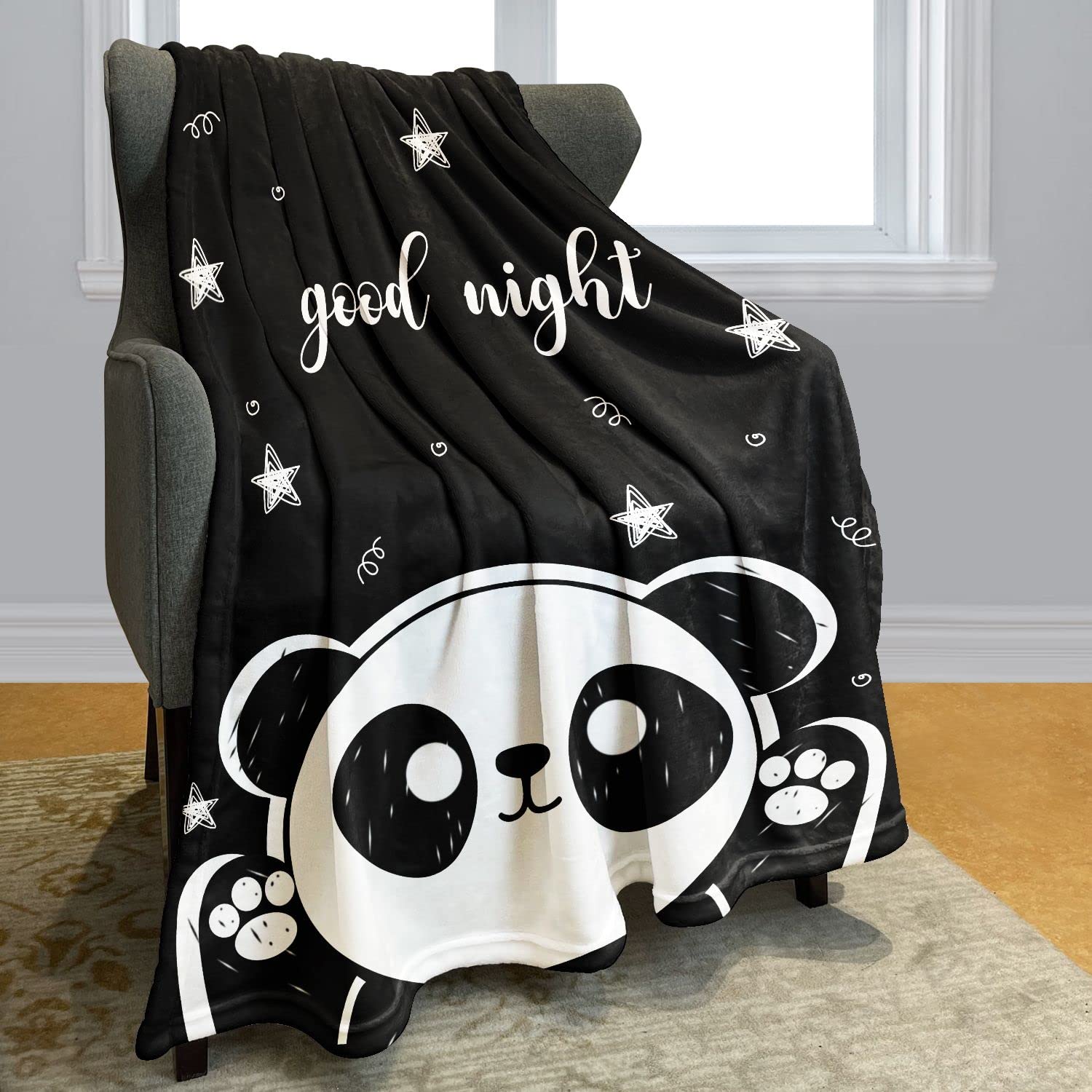 YISUMEI Cute Cartoon Panda Blanket, Star Pattern Embellished with Good Night Letter Printing, Home Decor Birthday Gifts for Children and Family, 60"x80"