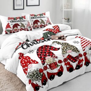 VIVIHOME 3PCS Merry Christmas Duvet Cover Full, Cute Gnome Duvet Cover, White Bedding, Snowflake Red Buffalo Plaid Striped Leopard Print Holiday Xmas Comforter Bedspread Quilt Cover, 2 Pillow Shams