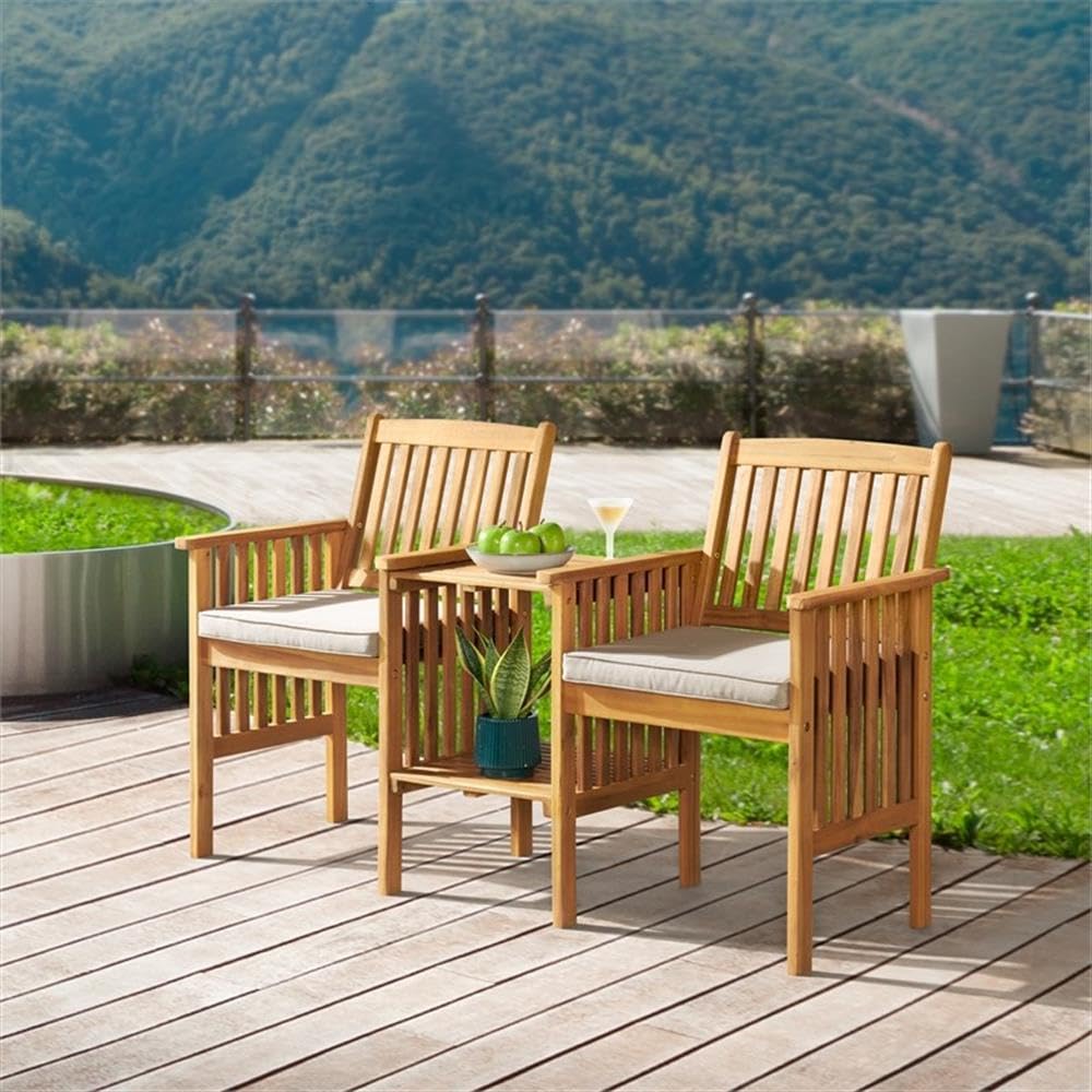 Bristol Acacia Wood Outdoor Double Seat Bench, Attached Table, Weather-Proof, Natural Finish, Porch, 60 in. W x 23 in. D x 35 in. H, Seat: 19 in. W x 17 in. D x 18 in. H, Table: 15 in. W x 18 in. D