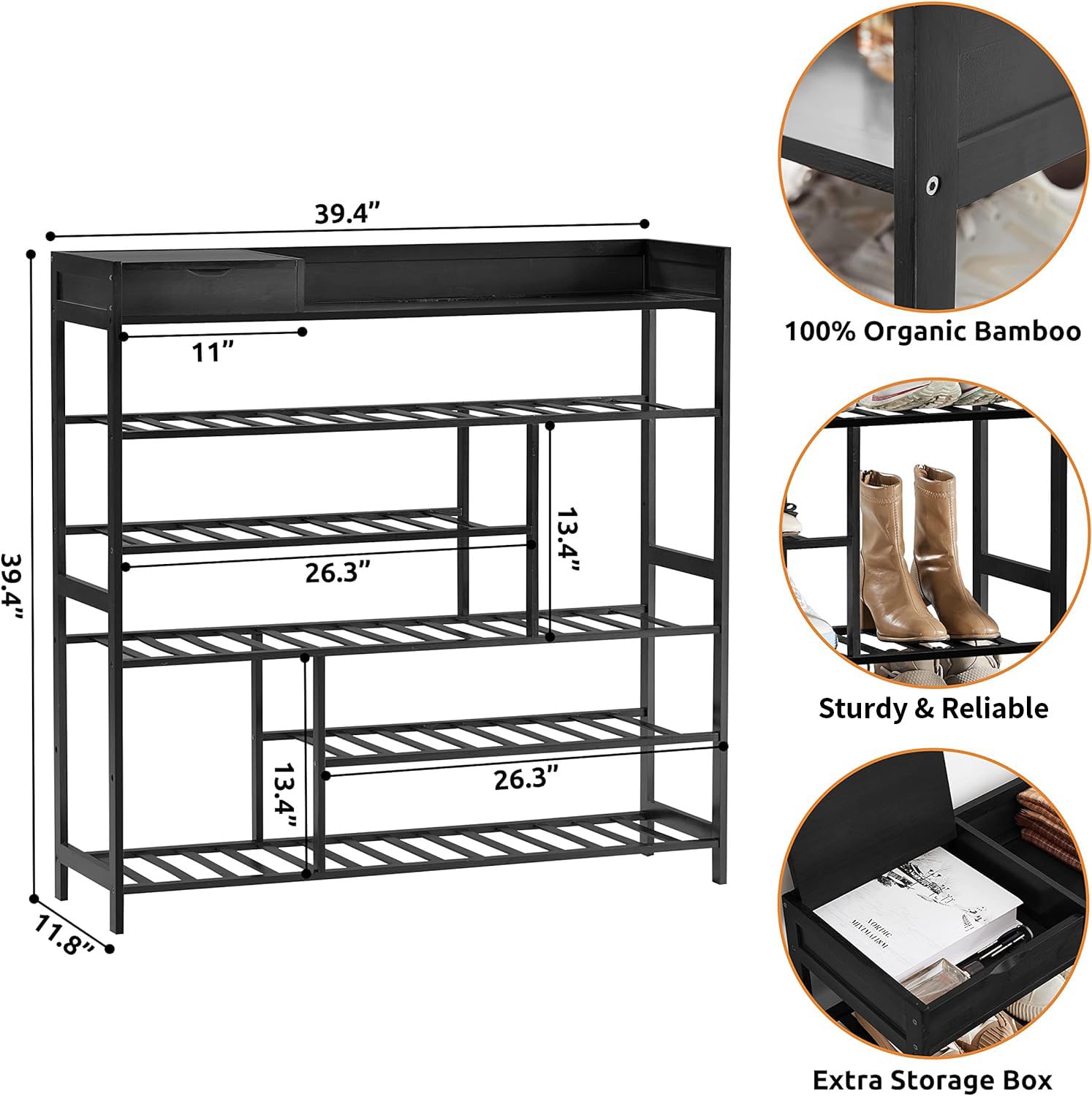 Apicizon Shoe Rack for Front Door Entrance, 6-Tier Bamboo Shoe Rack for Entryway with Shelf, Shoe Organizer with Storage Box Free Standing Shoe Storage for Closet, Hallway, Black