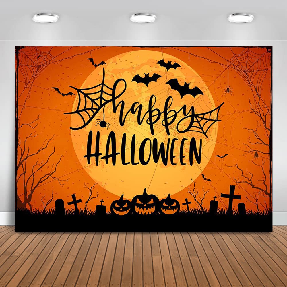 Mocsicka Happy Halloween Backdrop Orange Night Moon Graveyard Background Spooky Pumpkin Spider Web Halloween Party Cake Table Decoration Banner Photo Booth Props (7x5ft)