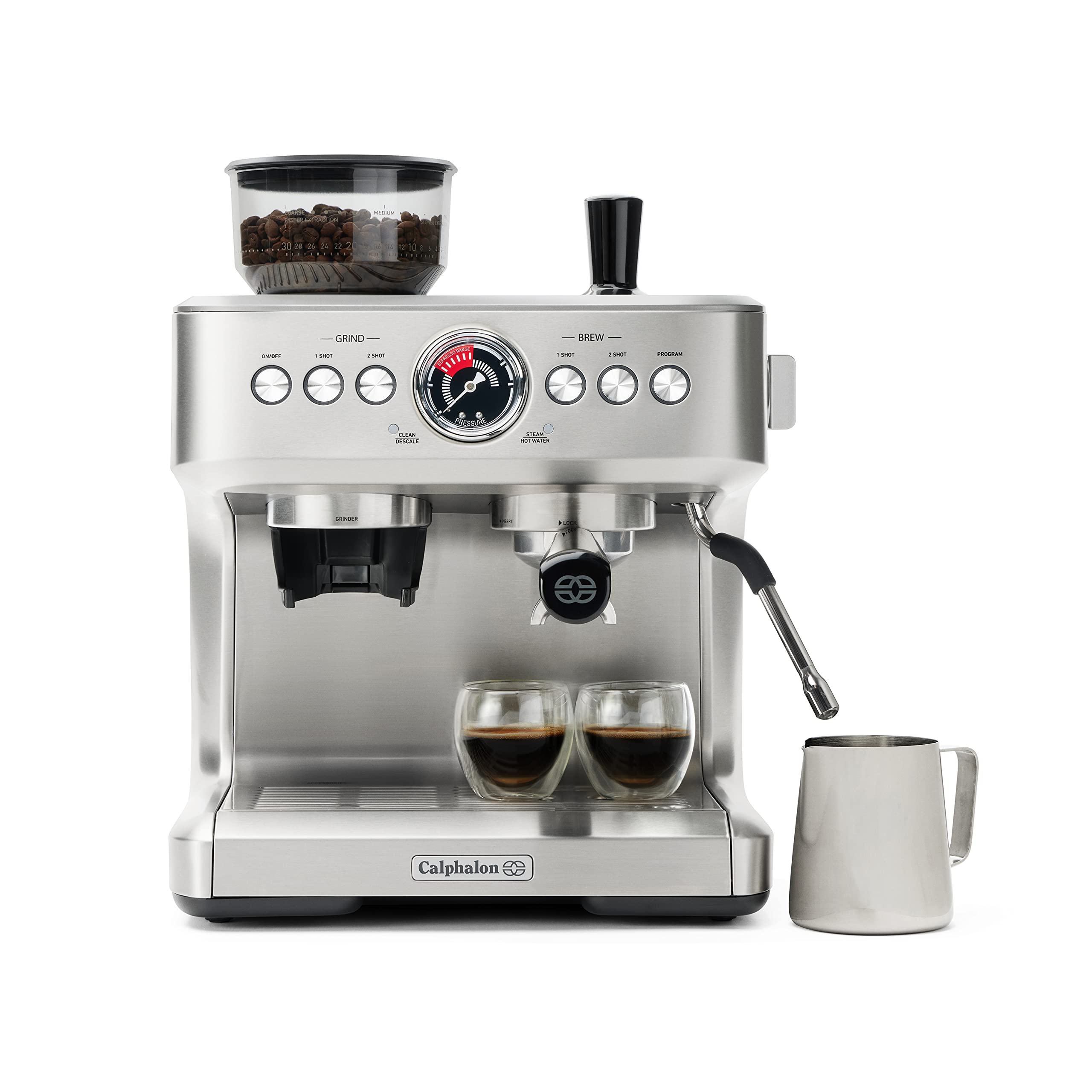 Calphalon Temp iQ Espresso Machine with Grinder, Dual Thermoblock​, and Milk Frother, Home Espresso Machine, Stainless Steel