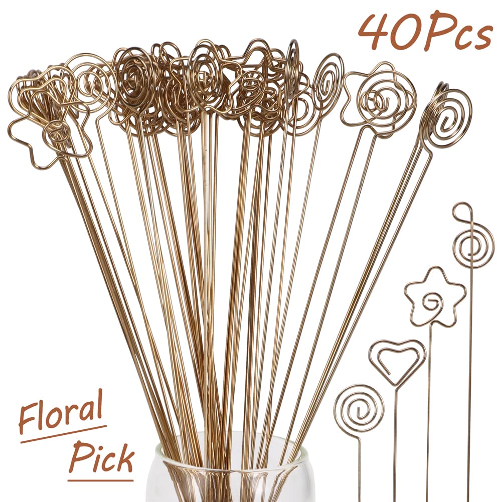 CALIDAKA 40pcs Metal Wire Floral Picks Wire Place Card Holder Stand Gold Floral Card Holder Clip for Wedding Party Birthday Office DIY Cake Topper Shower Party Flower Favor Card Holder(Size:13inch)