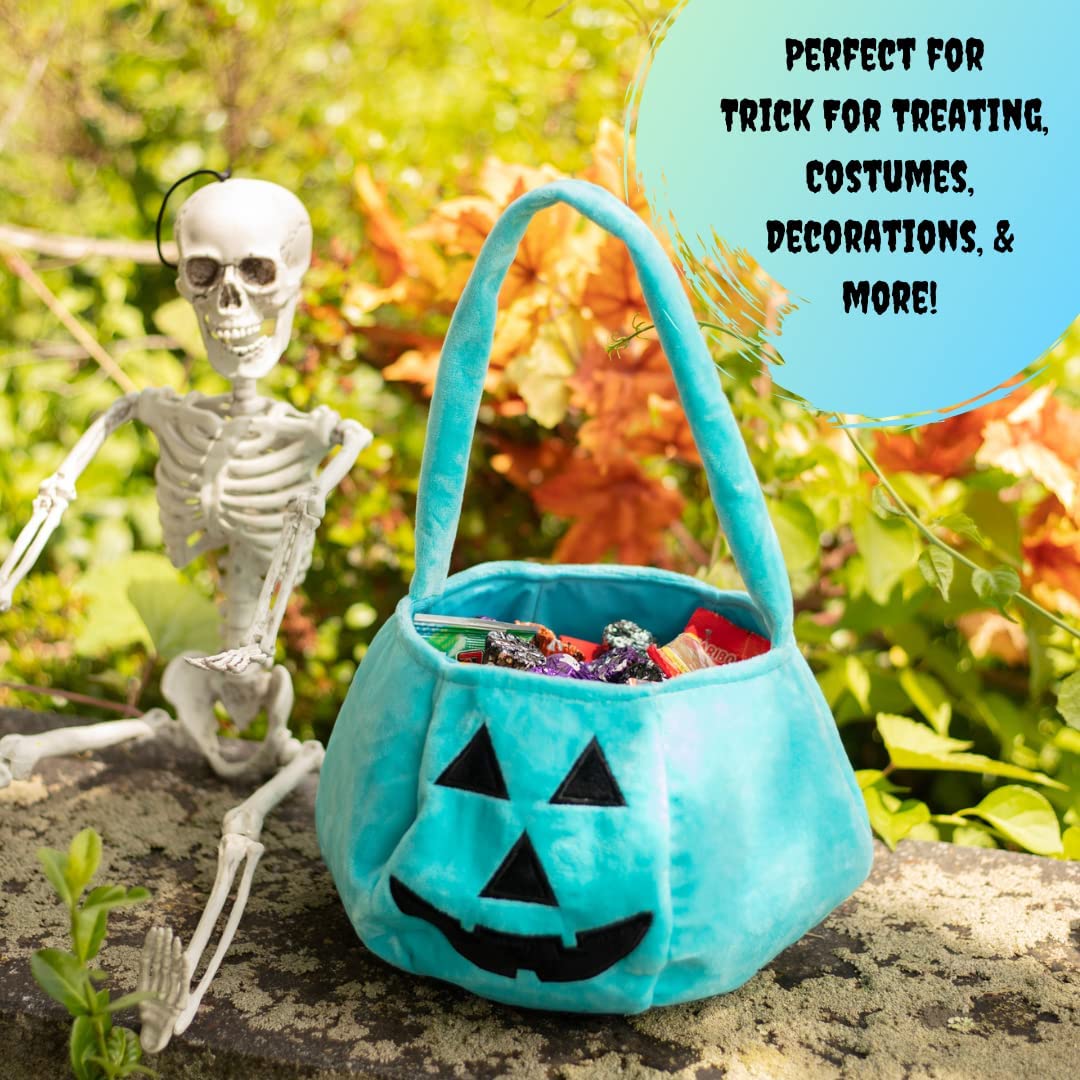 SCS Direct Halloween Teal Pumpkin Fabric Trick or Treat Tote- Soft Canvas Candy Bag 8" x 8" Kids Light Blue Allergy Friendly Awareness