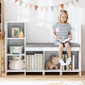 housuit 43.3" kids reading nook bench, nursery bookshelf and bookcase with seat cushion, 6-cubby book shelf storage organizer for playroom, bedroom, living room, entryway, white