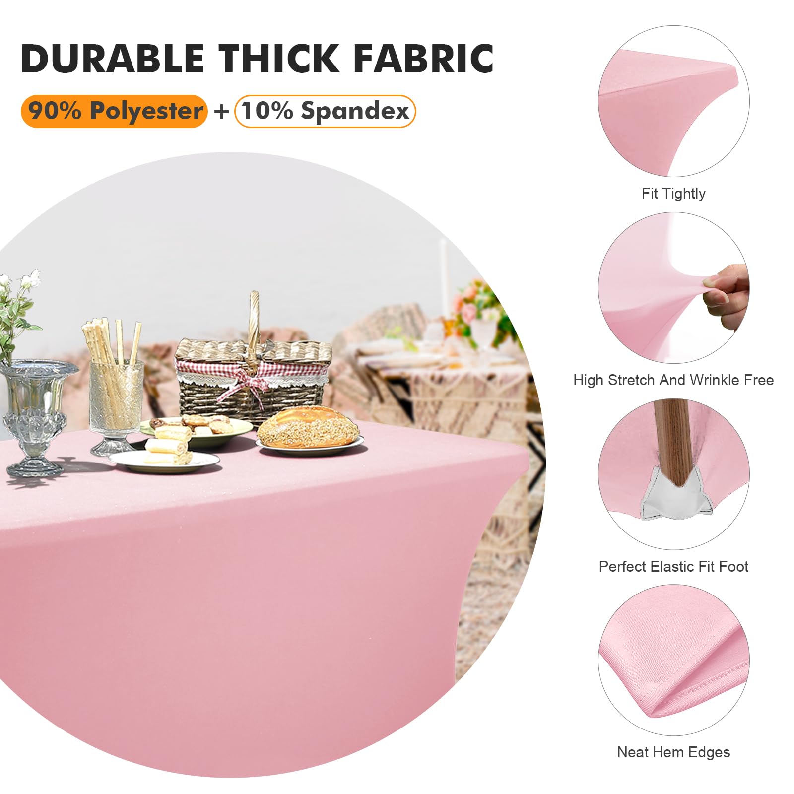 SEPARO 2 Pack 6 Ft Pink Table Cover Fitted Rectangular Tablecloth Stretchable Fabric Lycra Table Cloth 6 ft Wrinkle-Free for Party Tradeshows Banquet Weddings Cocktail