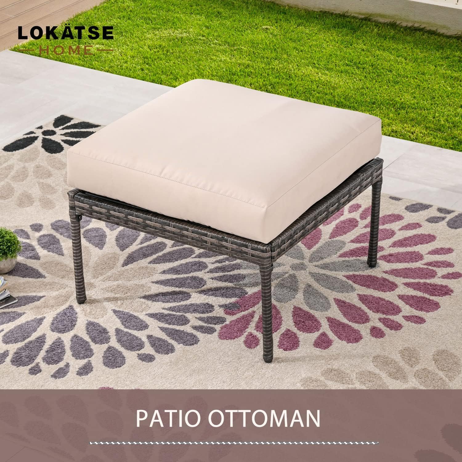 LOKATSE HOME 2 Piece Outdoor Footstool Patio Ottoman with Soft Thick Cushion for Garden Yard Deck Sunroom, Beige